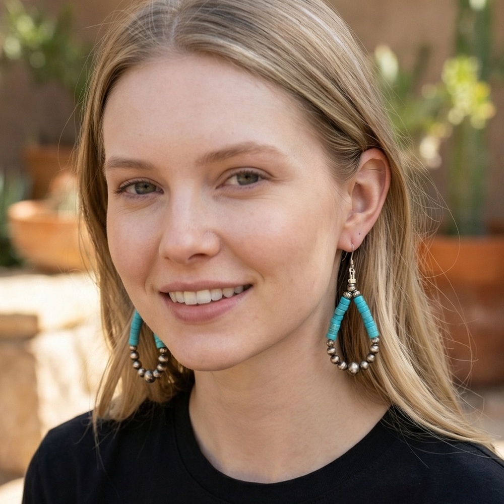 Vintage Native American Style Sterling Silver Navajo Pearls Turquoise Earrings